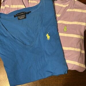 Ralph Lauren womens V-Neck Tee in Blue with Yellow Pony & Lavender Stripe Tee